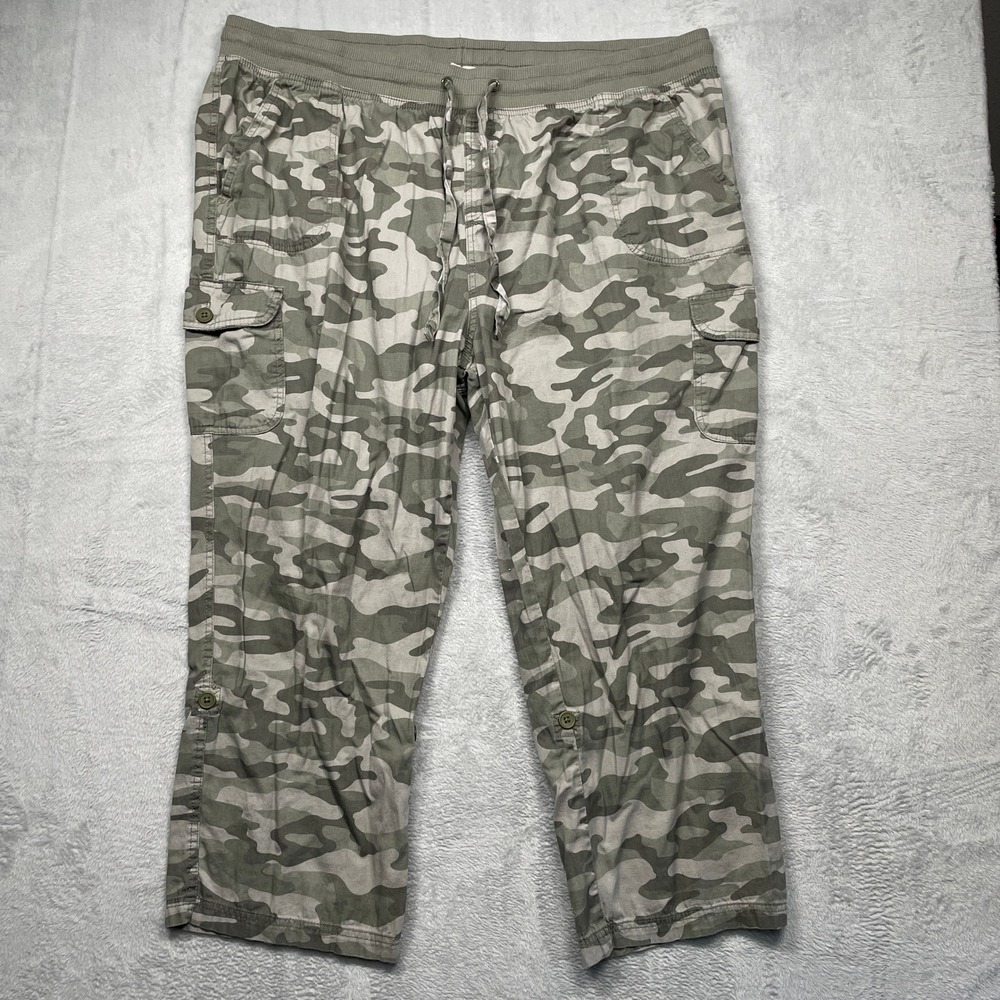 Woman Within Cargo Pants Womens 26W Petite Green Camo Roll Tab Cotton